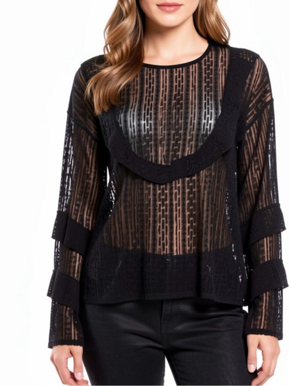 Zara Trafaluc sheer lace bell sleeve blouse